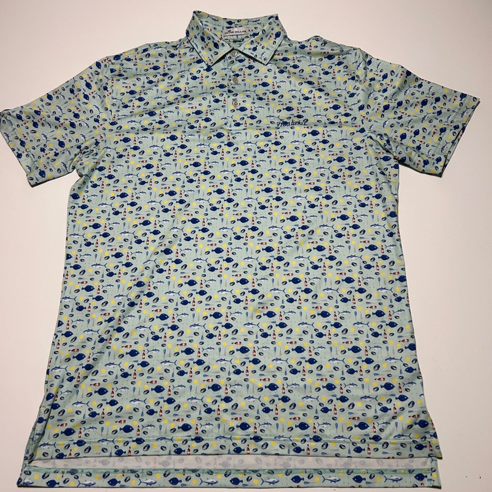 Peter Millar Hualalai Fish Hot Sauce Print Polo Shirt Mens Medium Blue Summer